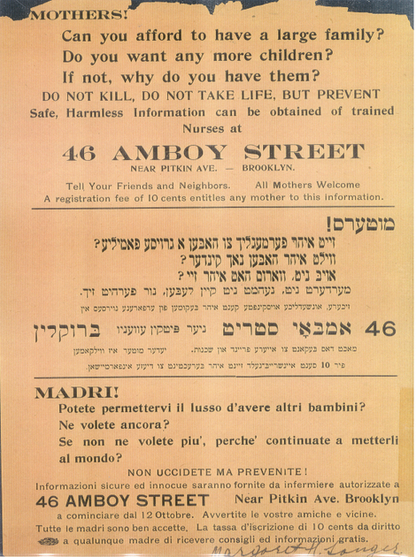 A flyer for Margaret Sanger’s Brownsville Clinic, 1916. Courtesy Smith College, via MCNY.